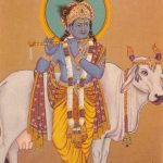 Der Hindu-Gott Krishna mit heiliger Kuh. Indische Malerei um 1900