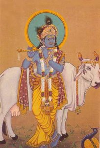 Der Hindu-Gott Krishna mit heiliger Kuh. Indische Malerei um 1900